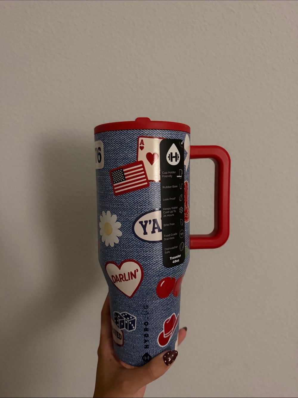 40oz HydroJug Red-Handled Denim-Print Travel Tumbler with Sticker Graphics